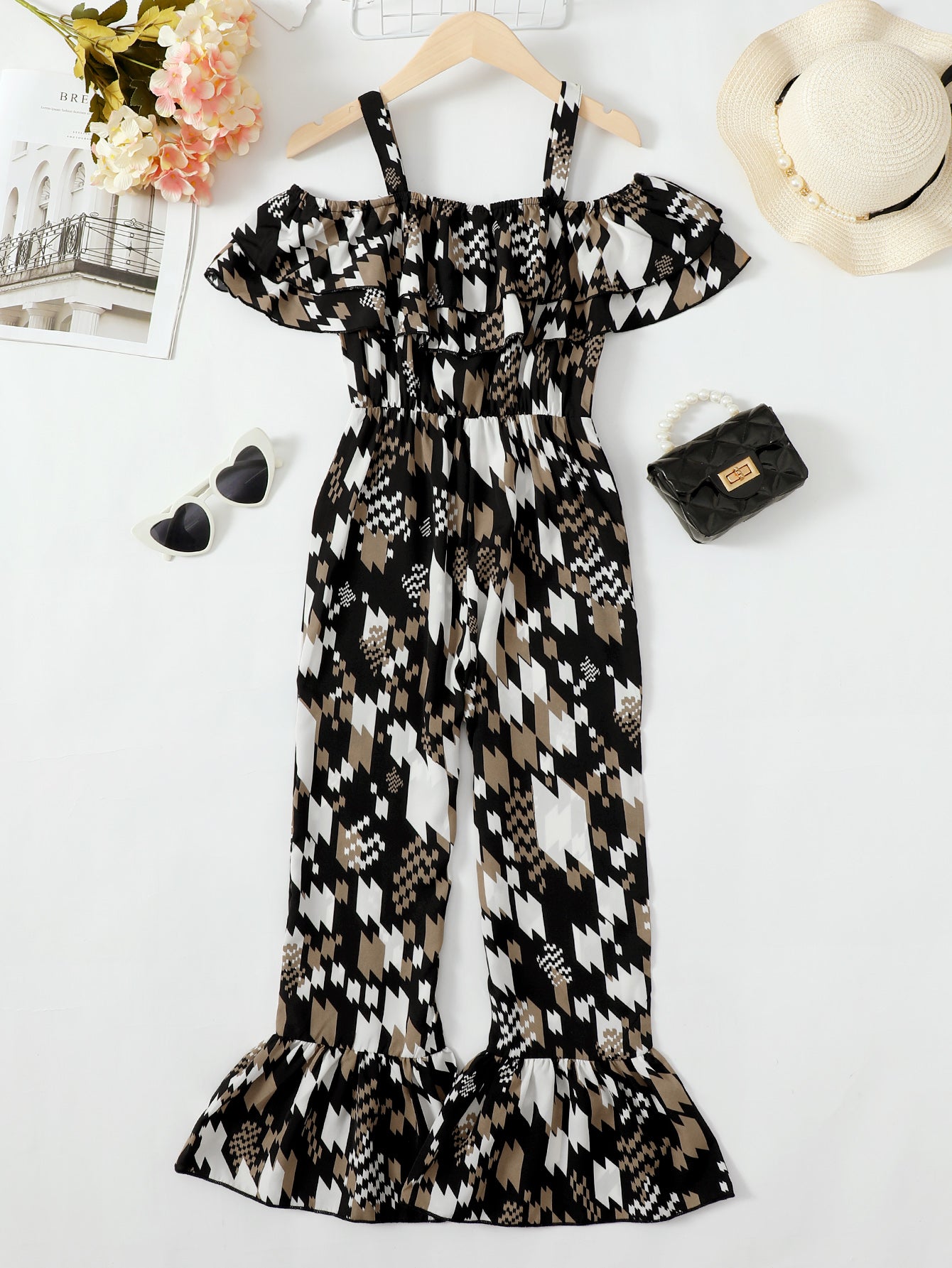 Printed Cold-Shoulder Flare Leg Jumpsuit