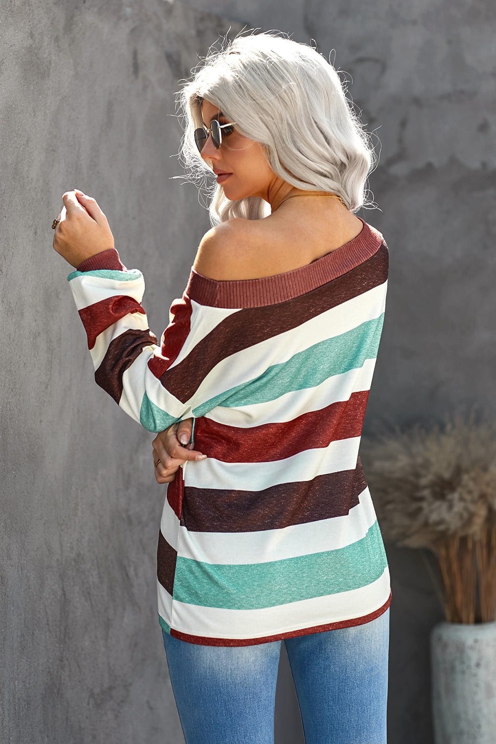 One Shoulder Striped Color Block Top