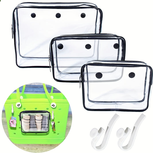 3 Pcs Transparent Inner Bags, Waterproof Zipper Bags & 2 Hooks, Travel Accessories