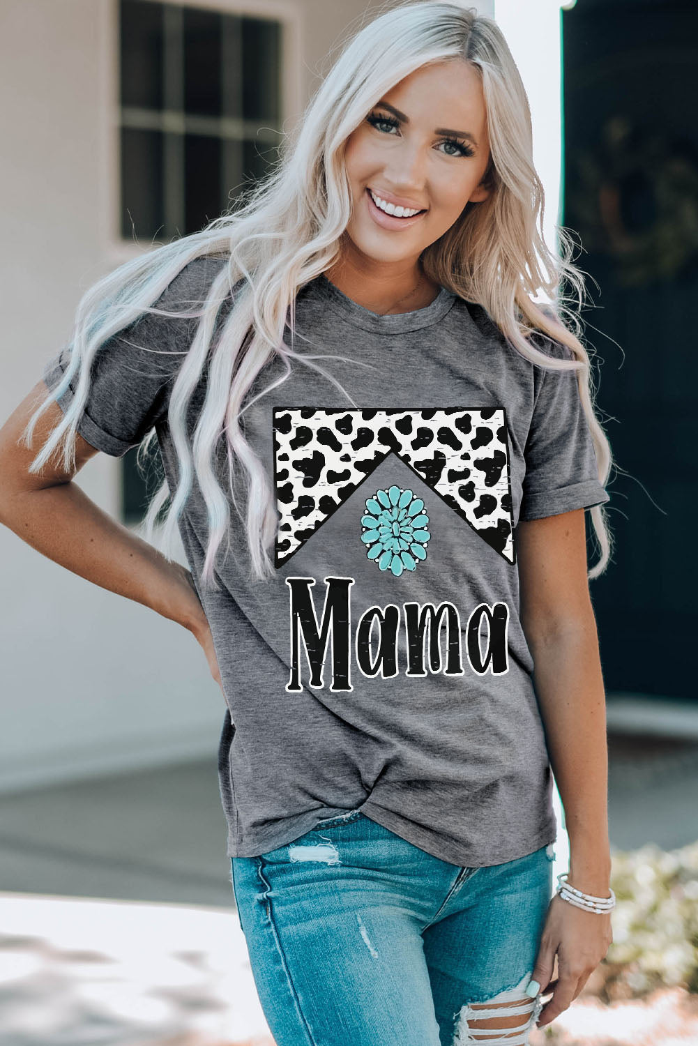 MAMA Graphic T-shirt à manches retroussées et col rond