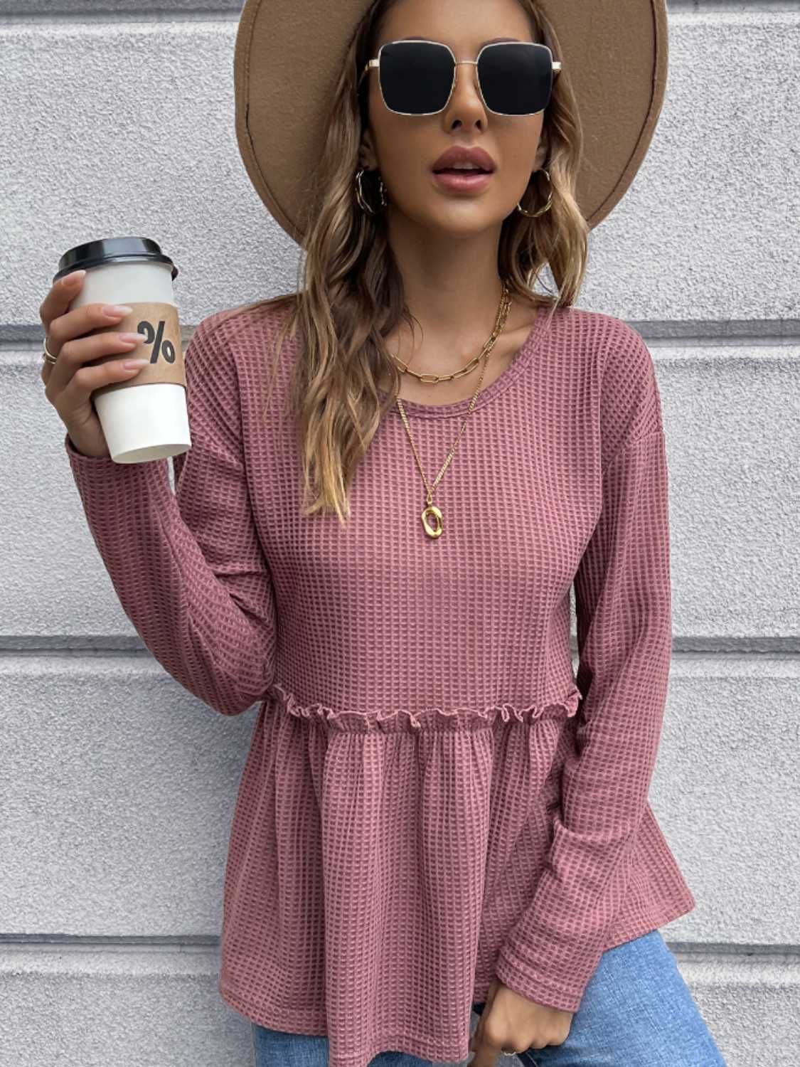 Waffle-Knit Long Sleeve Peplum Blouse