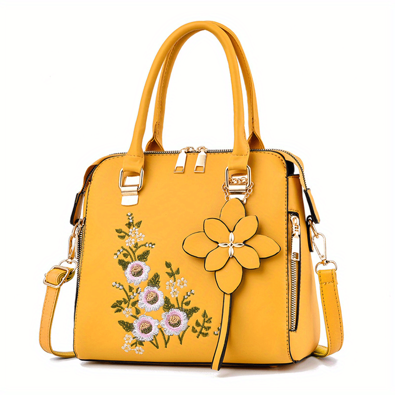 Women's Elegant Embroidered Tote Bag, Faux Leather Satchel Bag, Classic Zipper Shoulder Bag