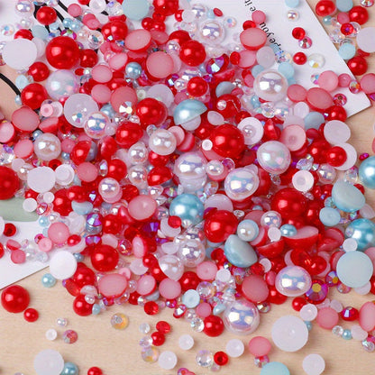 3800pcs 30g Mixed Flat Back Pearls and Rhinestones for Crafts and Nail Art - 3mm-10mm Sizes in Blue, Pink, and White - Perfect for Eye Makeup and Jewelry Design