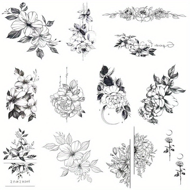 12 Pcs Long-Lasting Waterproof Flower Tattoo Stickers - Perfect for Female Tattoo Lovers!