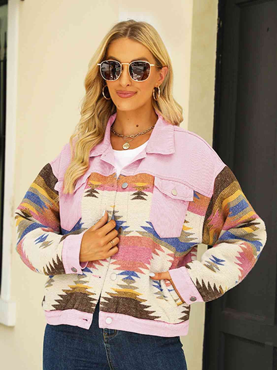 Printed Dropped Shoulder Long Sleeve Denim Jacket