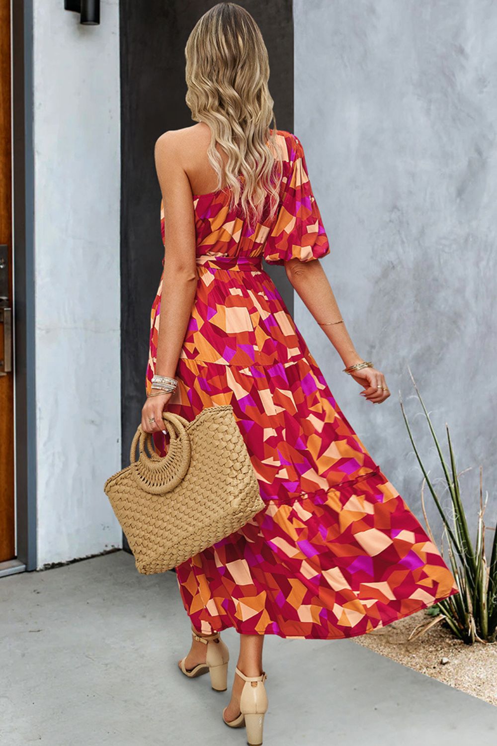 Printed One-Shoulder Tie Belt Maxi Dress