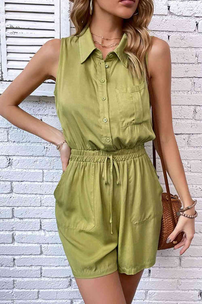 Collared Neck Sleeveless Romper with Pockets