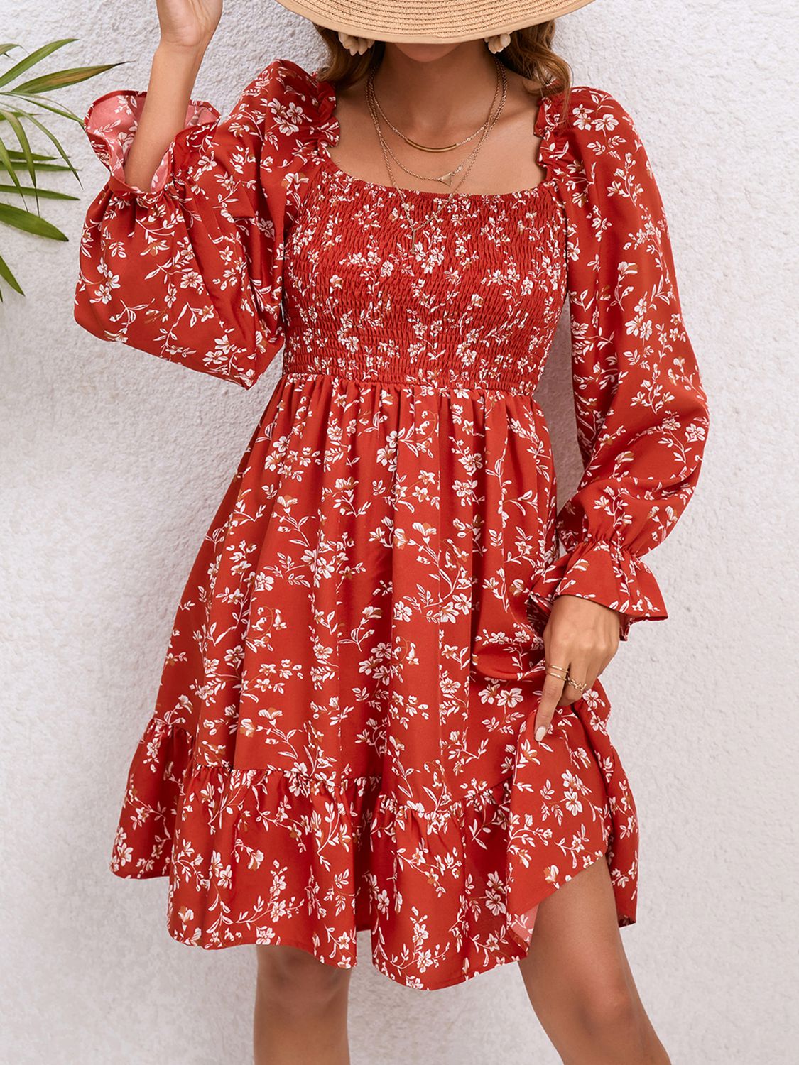 Floral Smocked Square Neck Dress