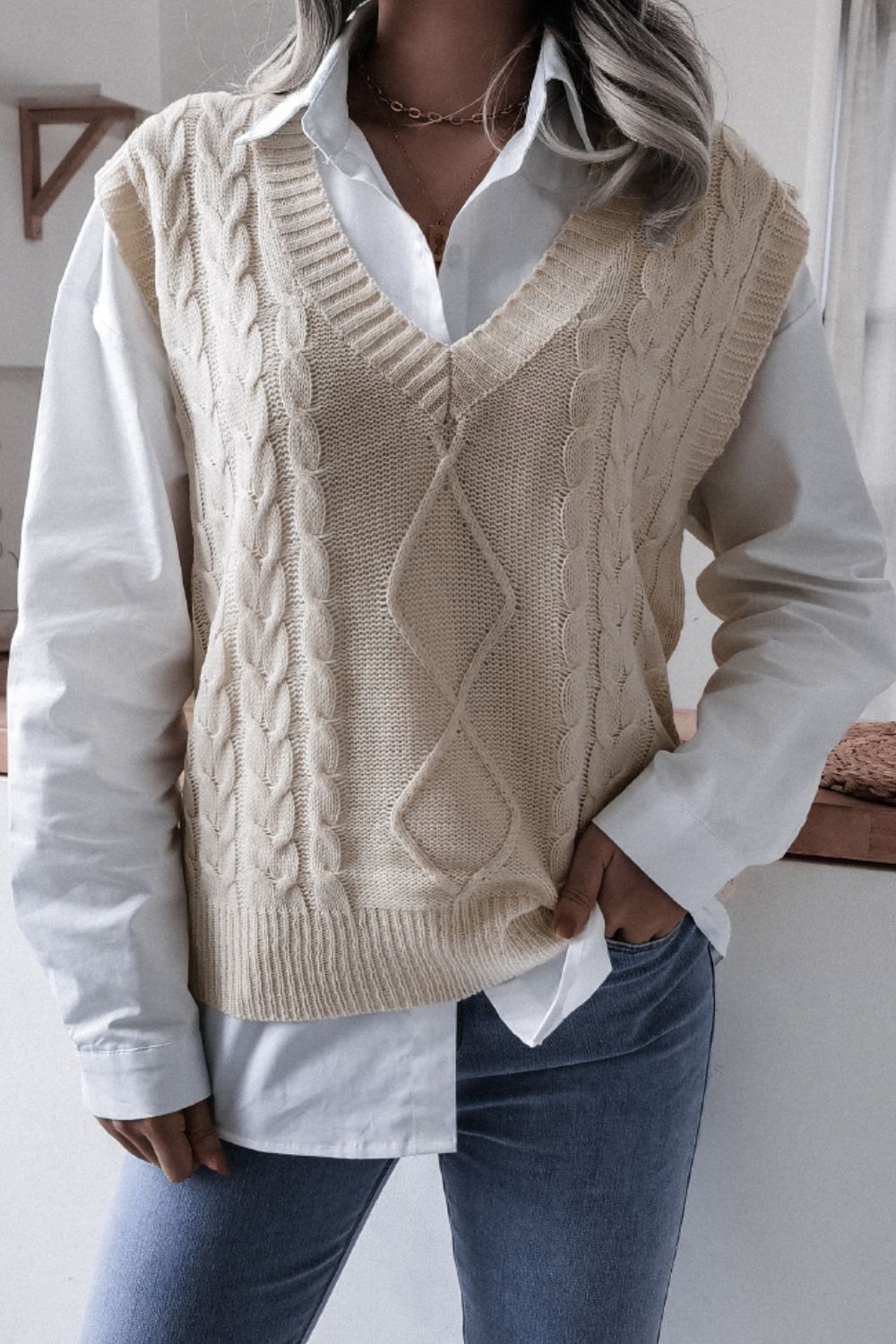 Cable-Knit Ribbed V-Neck Sweater Vest