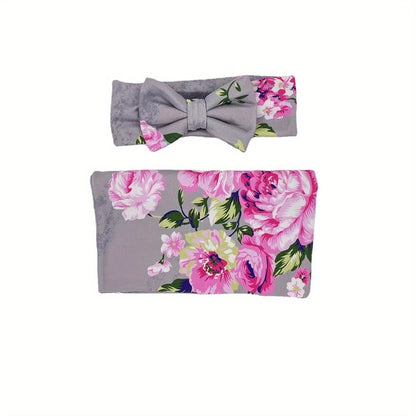 2pcs Flower Print Baby Receiving Blanket and Headband Set - Soft and Cozy Swaddle for Newborns