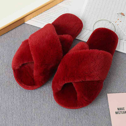 Faux Fur Crisscross Strap Slippers