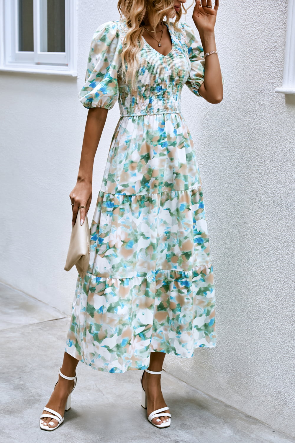 V-Neck Balloon Sleeve Smocked Midi Dress