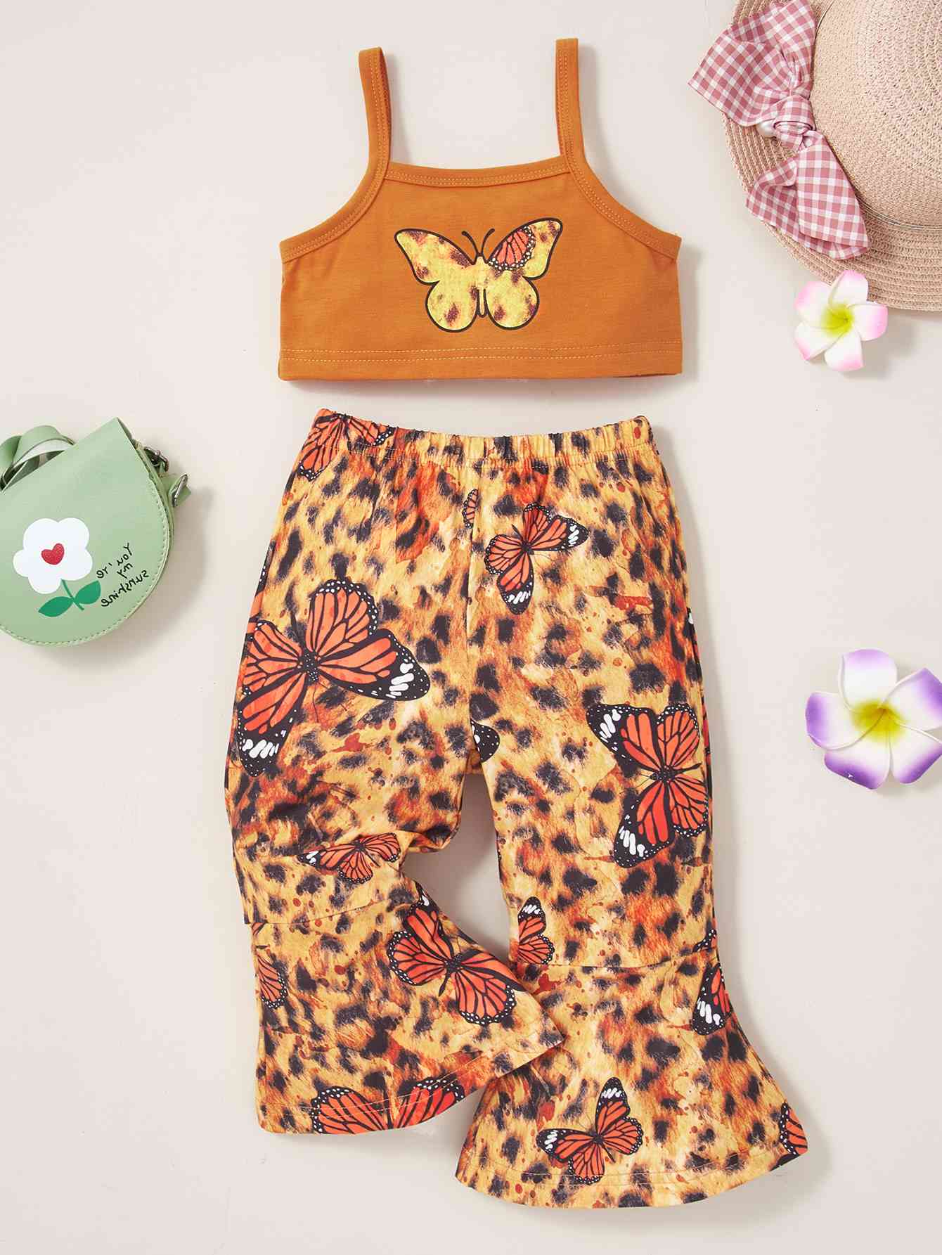 Butterfly Print Cropped Tank Top and Long Leopard Print Flare Pants Set