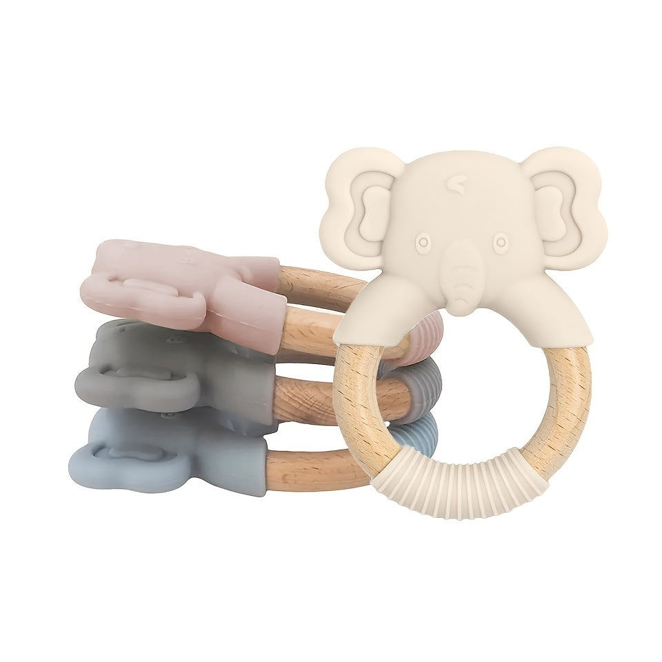 1pc Silicone Baby Teether Toy: Natural Beech Wood Handle, Soothe Babies' Sore Gums, Elephant Chew Toys For Infant Boys & Girls