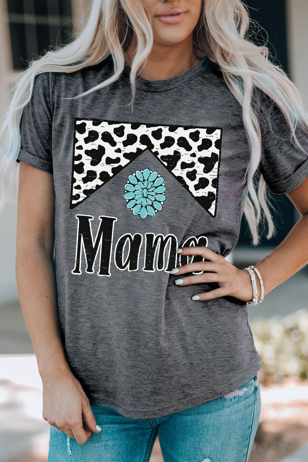 MAMA Graphic T-shirt à manches retroussées et col rond