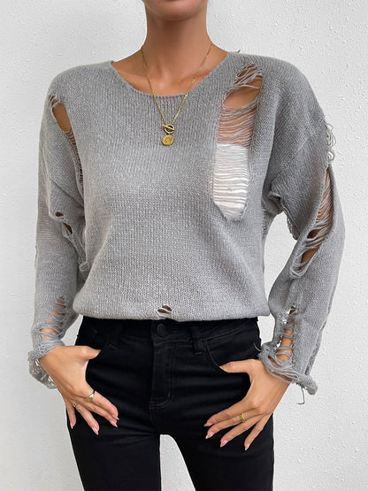 Distressed Round Neck Knit Top