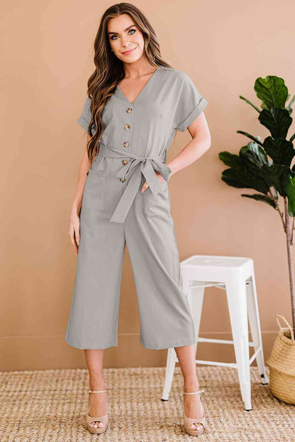 Button Front Belted Cropped Jumpsuit with Pockets