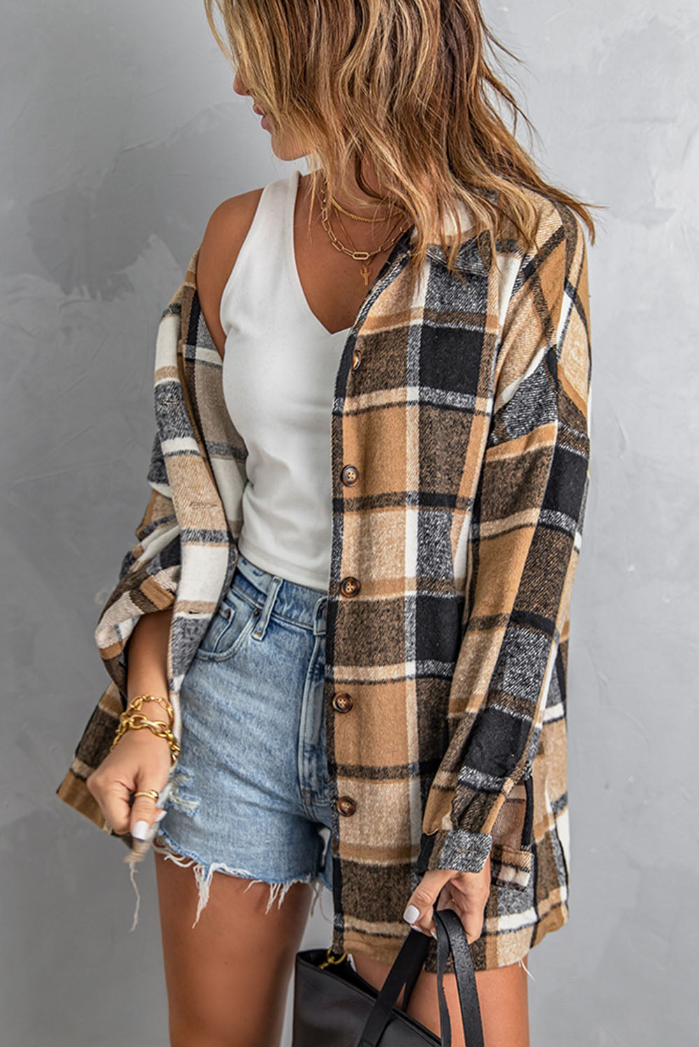 Plaid Dropped Shoulder Pocketed Shirt Jacket