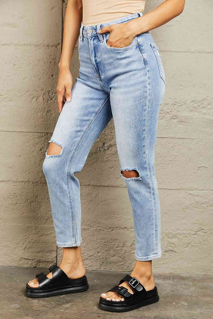 BAYEAS High Waisted Distressed Slim Cropped Jeans