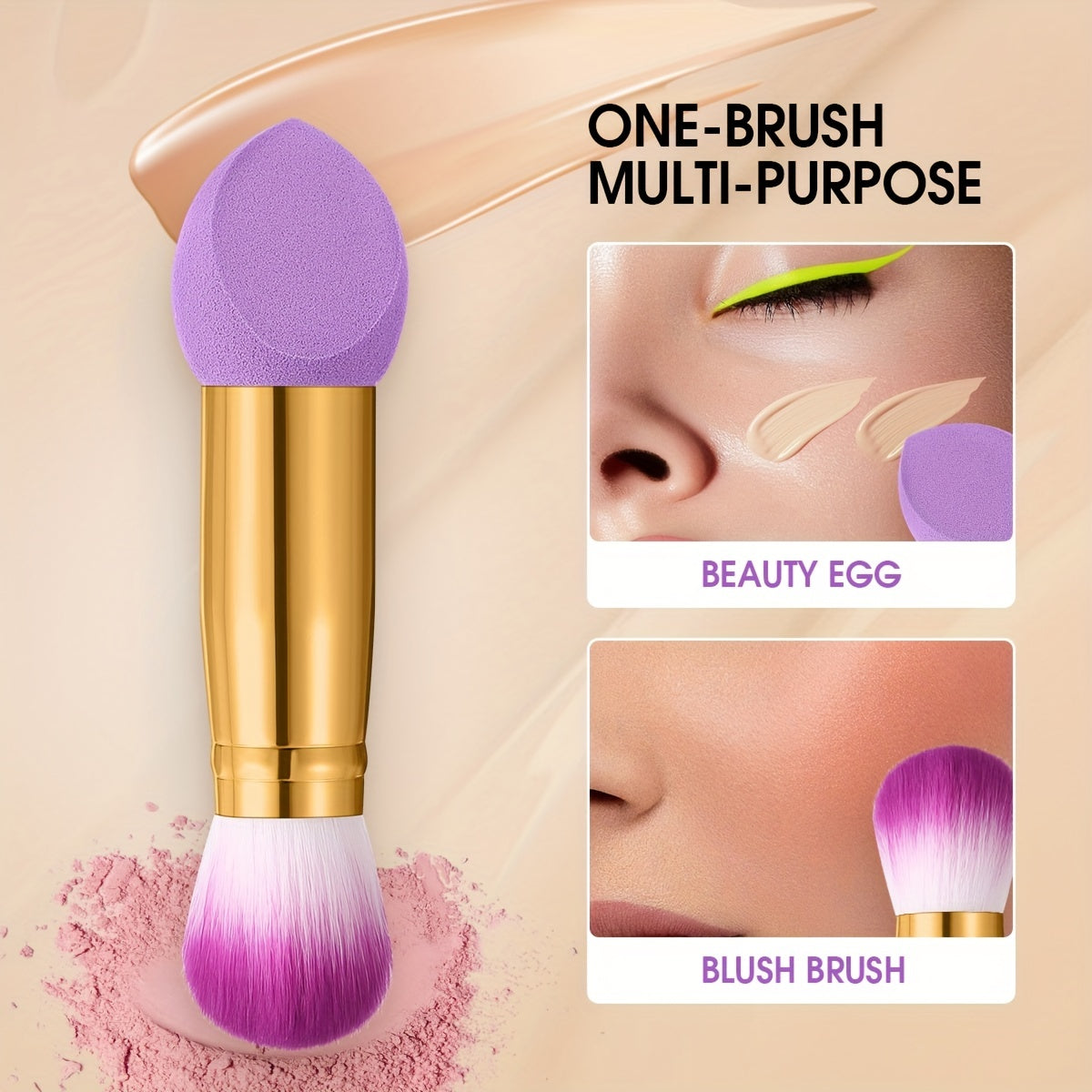 3pcs Foundation Blending Face Brushes With Two Heads Professional Soft Makeup Sponge Fluffy Blusher Brush For Women Beauty, Purple