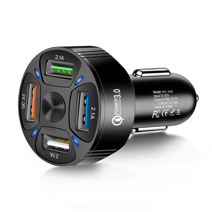 4-in-1 USB Car Charger with 4 Ports - Fast Charging Adapter for Phones and Cigarette Lighter - Mini Design for Convenient Use