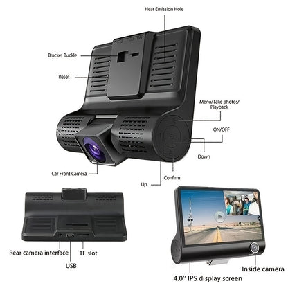 Triple Recording Car DVR - 1080P HD Front, Interior, and Rear Cameras with 4.0-inch Screen, Reverse Image, and Loop Recording - Capture Every Angle for Ultimate Safety and Security