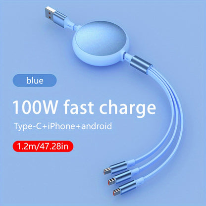 100W Super Fast Charge 3-in-1 Retractable Charging Cable for Apple, Android, and Type-C - Multifunctional Mobile Phone and Electronic Accessories Charger