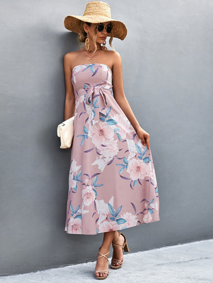 Robe mi-longue à imprimé floral et col droit à la taille