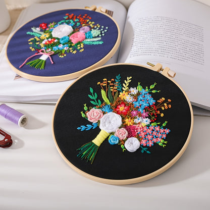 3pcs/set Embroidery Kit, Flower Bouquet Pattern, Including 1 Embroidery Hoop 7.9 Inch, DIY Knitting & Crochet Gift