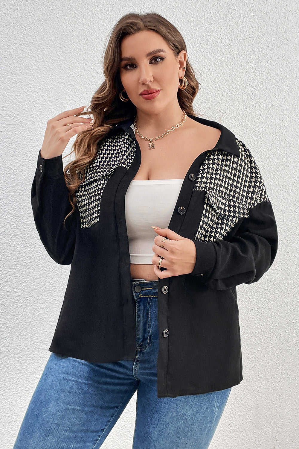 Plus Size Houndstooth Drop Shoulder Shacket