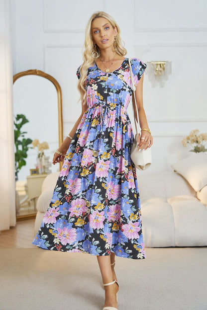 Vestido midi floral con cuello en V y línea A