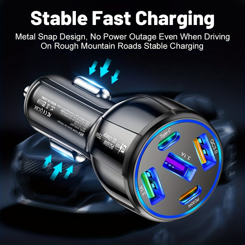 75W 5-Port Car Charger: Fast Charging PD Charger QC3.0 for Type-C Phones & Devices - In-Car Power Adapter