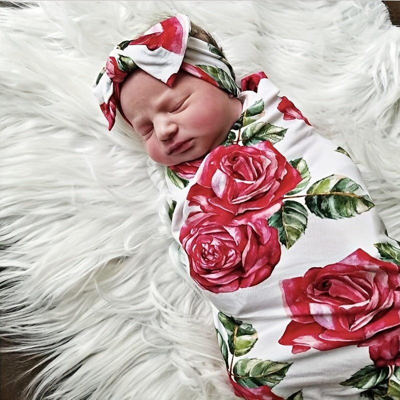 2pcs Flower Print Baby Receiving Blanket and Headband Set - Soft and Cozy Swaddle for Newborns