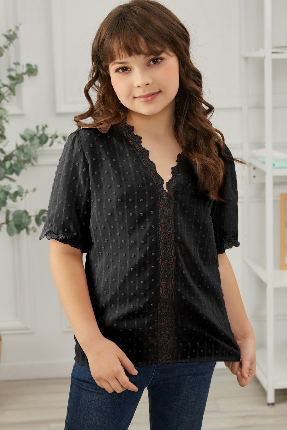 Girls Swiss Dot Spliced Lace Blouse