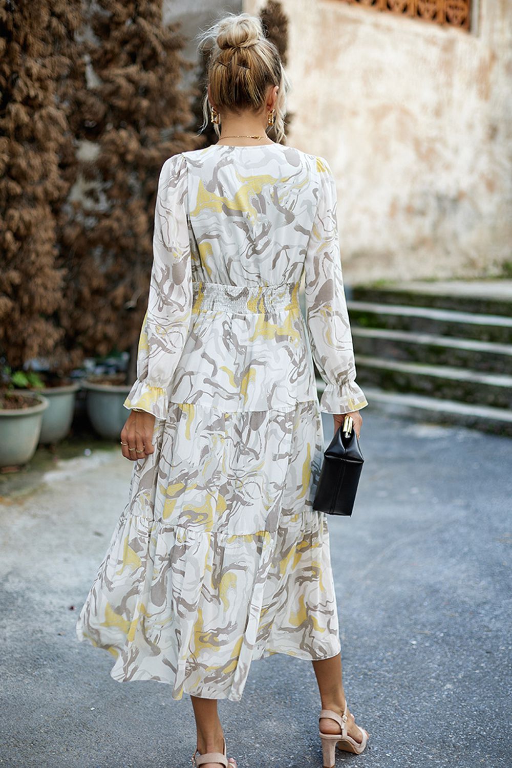 Printed Surplice Neck Flounce Sleeve Midi Dress