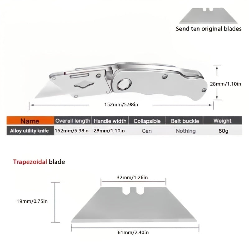 1pc Multifunction Folding Knife, Portable Pocket Knife, Electrician Utility Knife With 10pcs Blades Paper Cutter DIY Hand Tools, Stainless Steel Utility Knife, Woodworking Outdoor Camping Multifunctional High-Carbon Steel Wallpaper Cutting