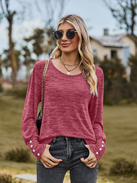 Round Neck Long Sleeve Buttoned T-Shirt