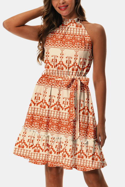 Printed Tie Waist Frill Trim Dress