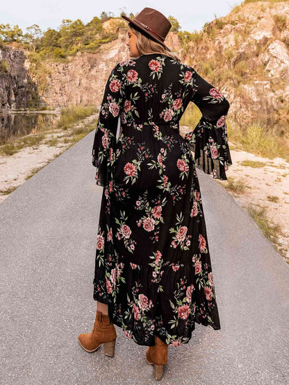 Robe Florale à Manches Evasées de Grande Taille