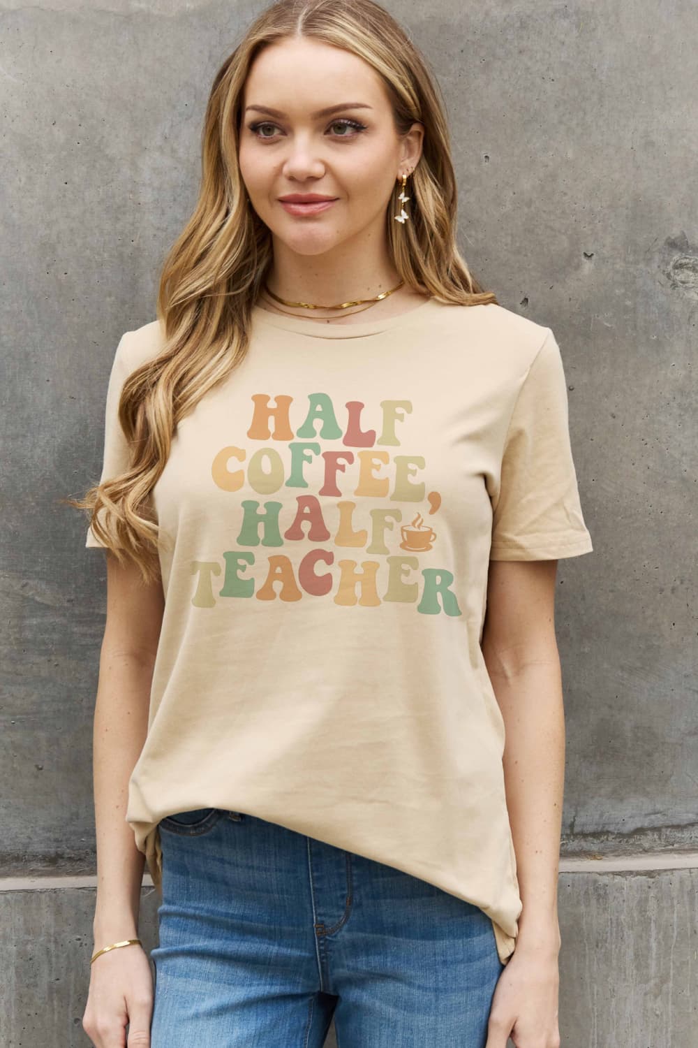 Simply Love Full Size HALF COFFEE HALF TEACHER Graphic Cotton Tee