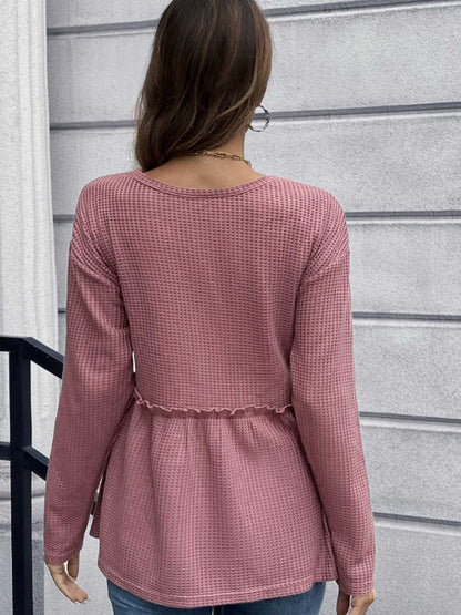 Waffle-Knit Long Sleeve Peplum Blouse