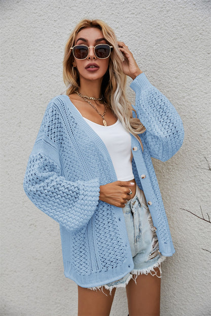 Openwork V-Neck Dropped Shoulder Cardigan