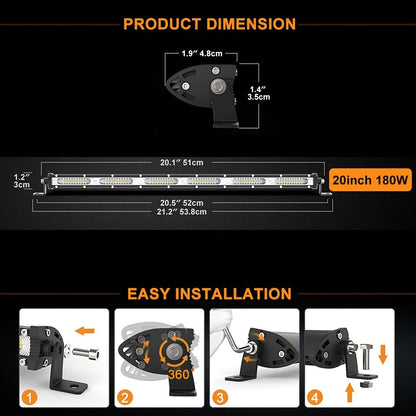 Barra de luz de trabajo LED ultrafina para vehículos todoterreno: focos/reflectores de 12 V/24 V para automóviles, SUV, camiones y tractores 