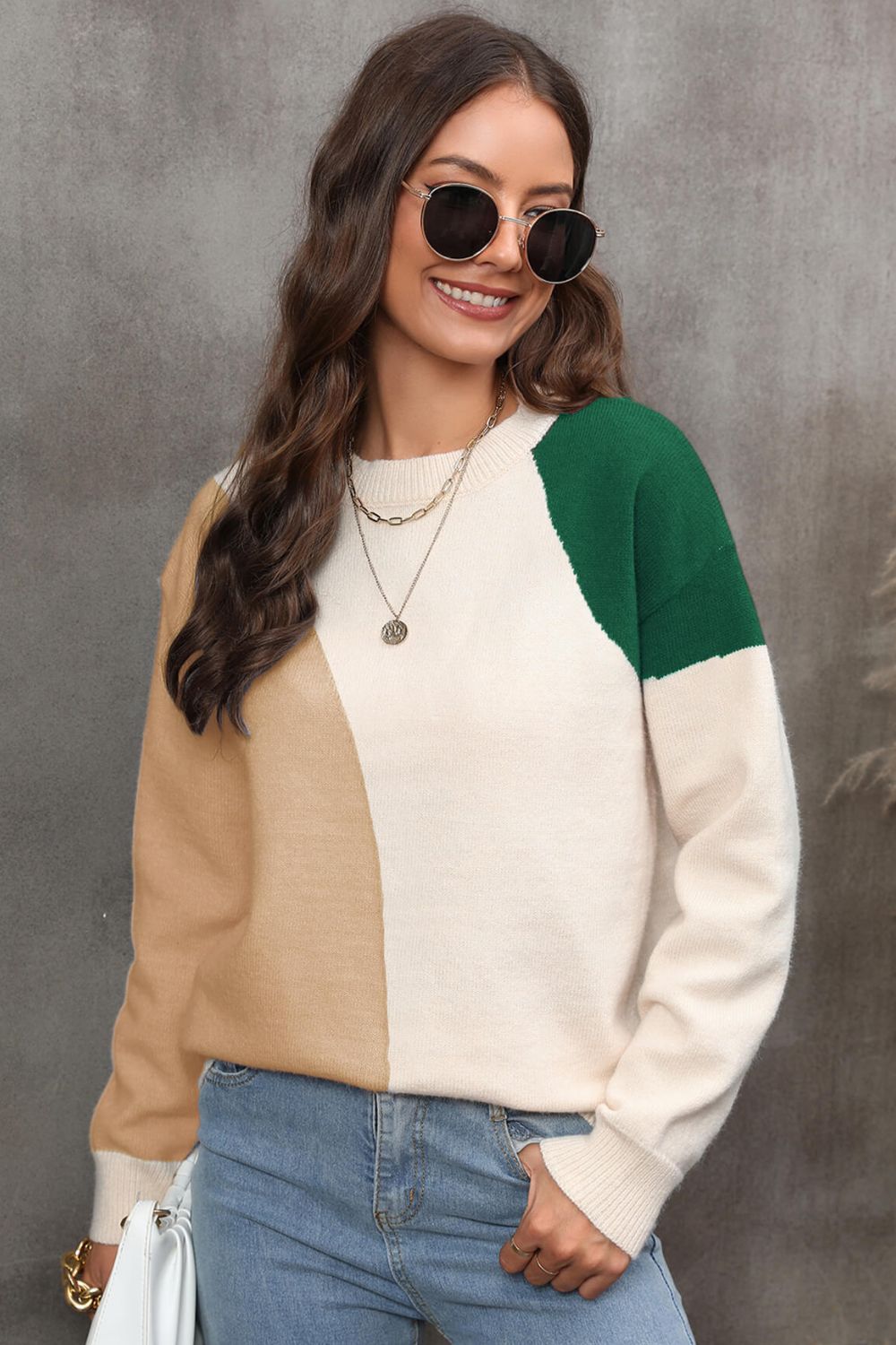 Color Block Ribbed Cuff Drop Shoulder Sweater