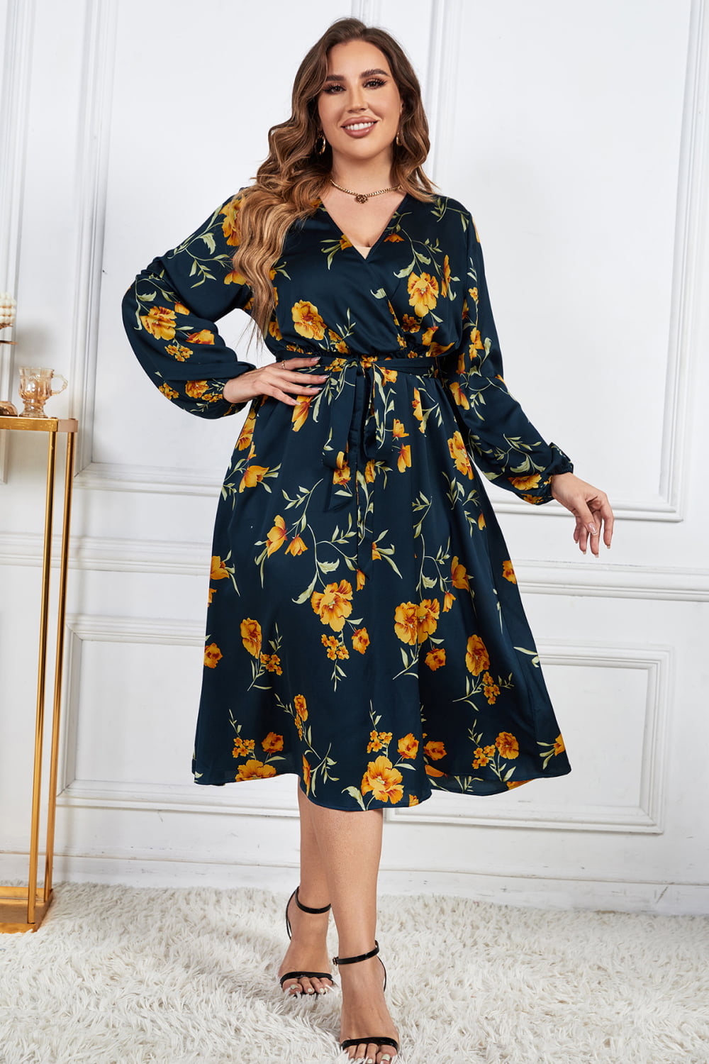 Melo Apparel Plus Size Floral Print Surplice Neck Midi Dress