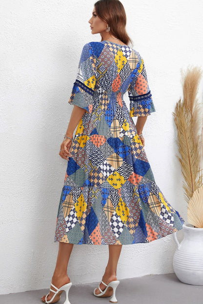 Patchwork V-Neck Tiered Midi Dress