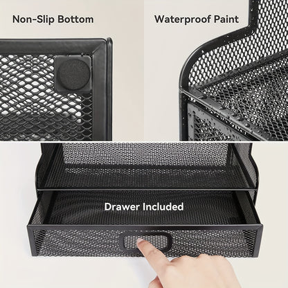 1pc Durable Metal Desk Organizer with 10 Compartments and 1 Drawer - Perfect for Pencils, Office Supplies, and More