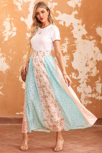 Floral Color Block Smocked Waist Maxi Skirt