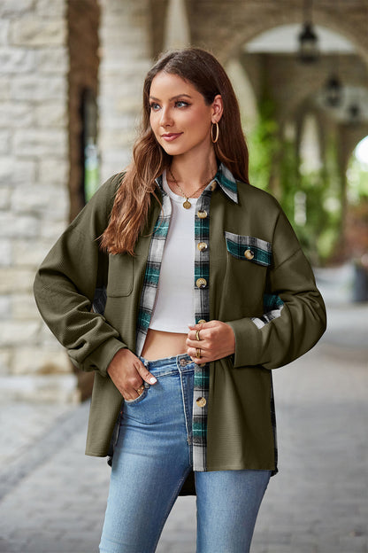 Plaid Collared Dropped Shoulder Jacket