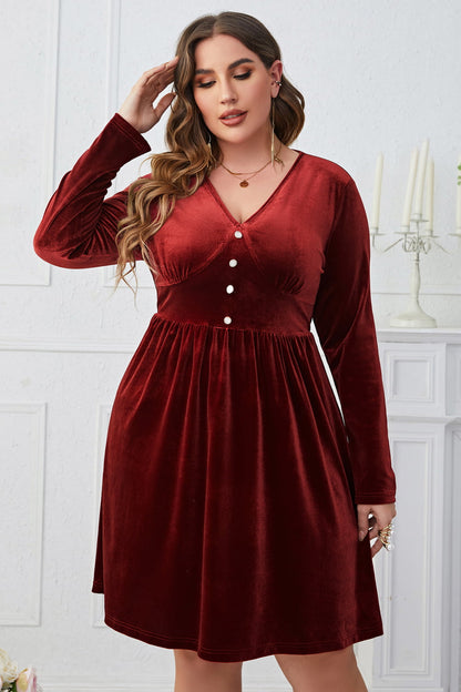 Melo Apparel Plus Size V-Neck Decorative Button Knee Length Dress